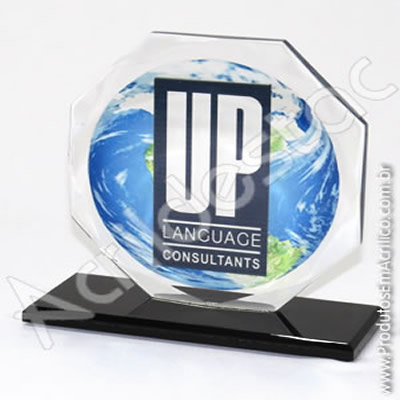 Troféu em acrílico cristal (transparente) Oitavado com base em acrílico cristal