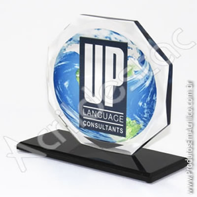 Troféu em acrílico cristal (transparente) Oitavado com base em acrílico cristal