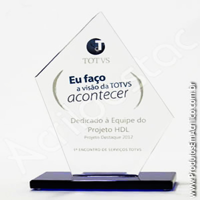 Troféu em acrílico cristal (transparente) Vertical  com corte diagonal, formato diamante