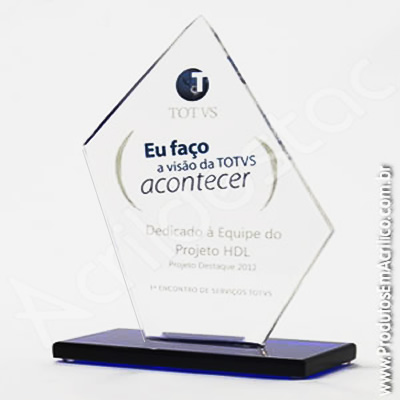 Troféu em acrílico cristal (transparente) Vertical  com corte diagonal, formato diamante