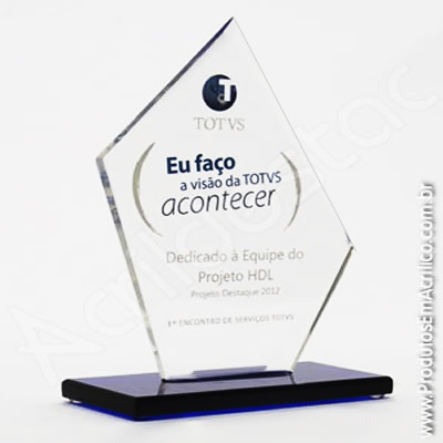 Troféu em acrílico cristal (transparente) Vertical  com corte diagonal, formato diamante